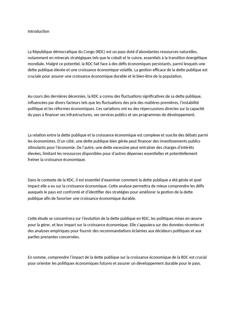 Impact de la Dette Publique sur la Croissance en RDC | PDF | Dette ...