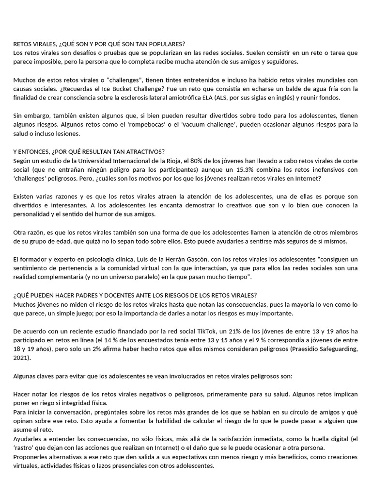 Retos virales: riesgos y atracción juvenil | PDF | Ciencias del ...
