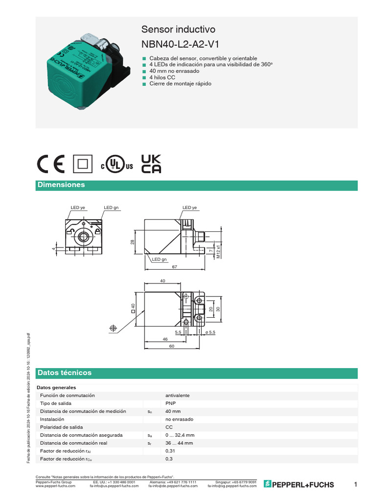 Sensor Inductivo NBN40-L2-A2-V1: Dimensiones | PDF