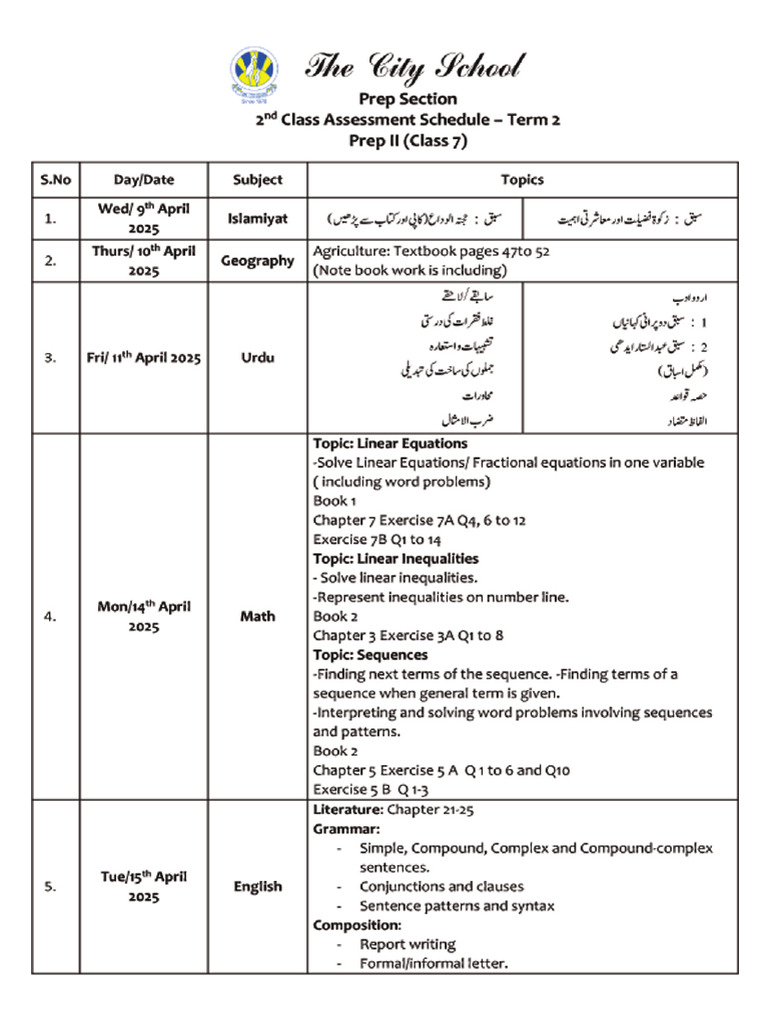 1 - Class 7 - 2nd Class Assessment Schedule - Term 22 | PDF