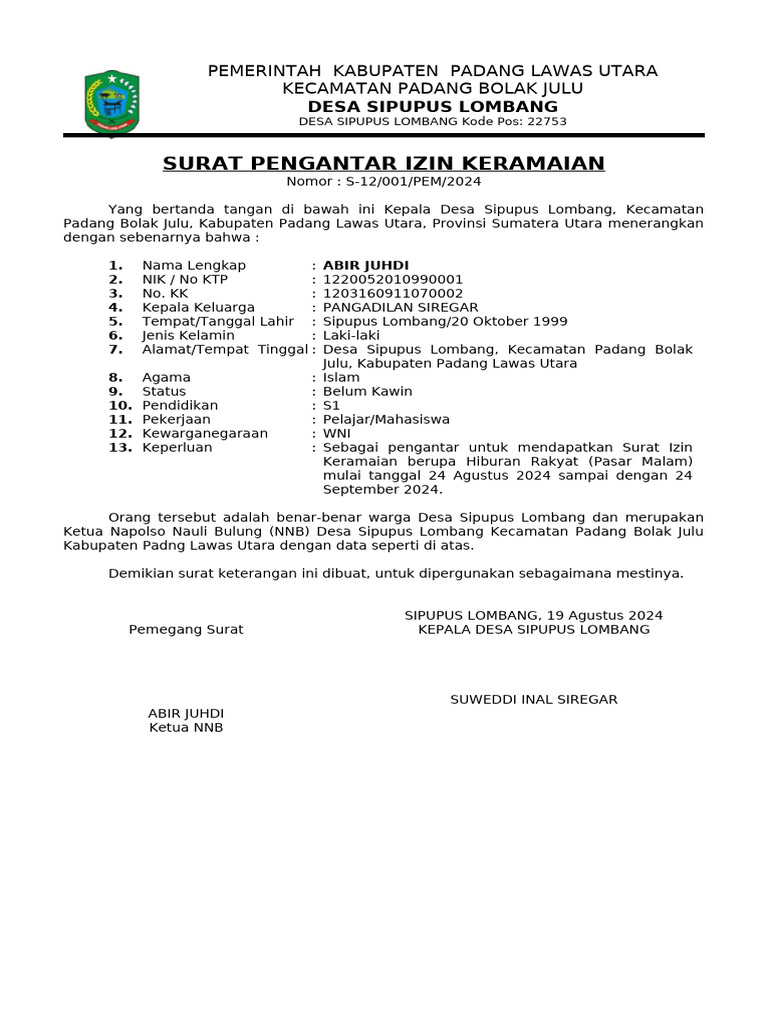 Izin Keramaian Pasar Malam Sipupus | PDF