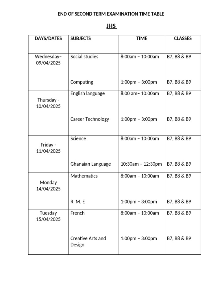 JHS Second Term Exam Schedule 2025 | PDF