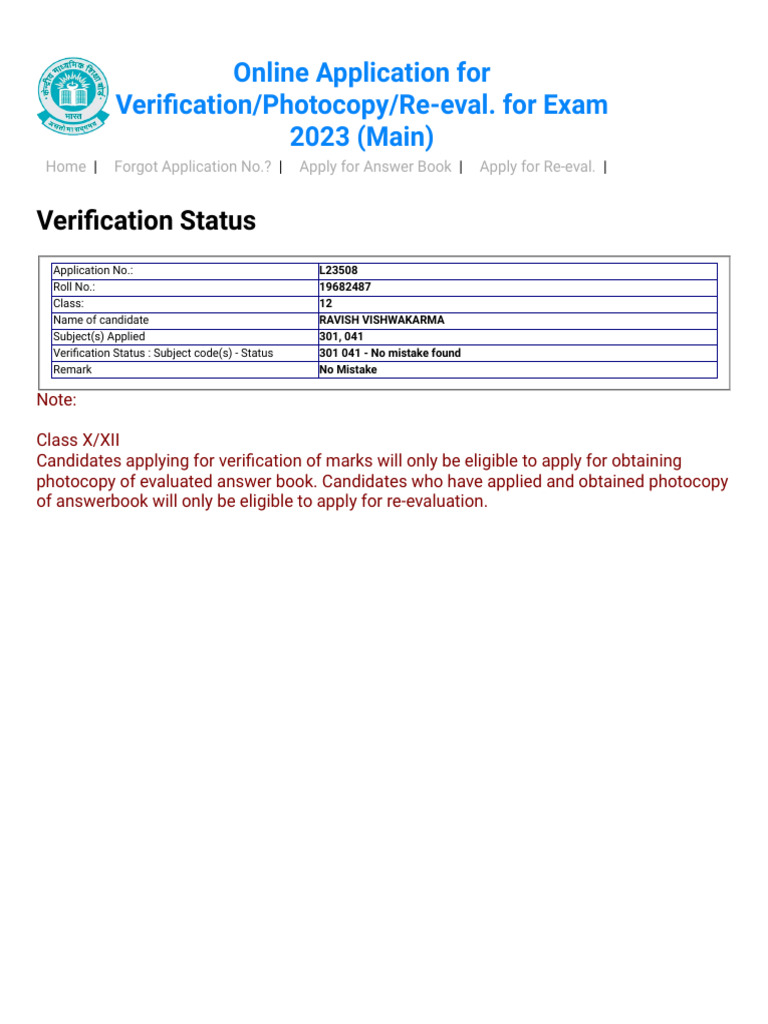 Cbse Verification Ravish Class 12 Pdf