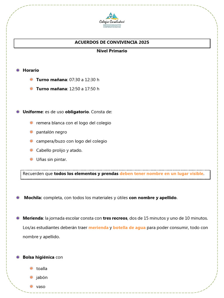 Acuerdos de Convivencia Primaria 2025 | PDF