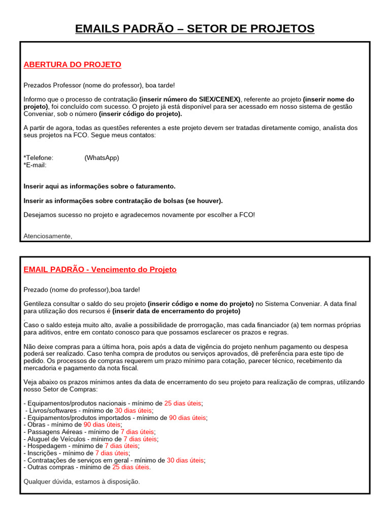 Emails Padrão para Projetos FCO | PDF