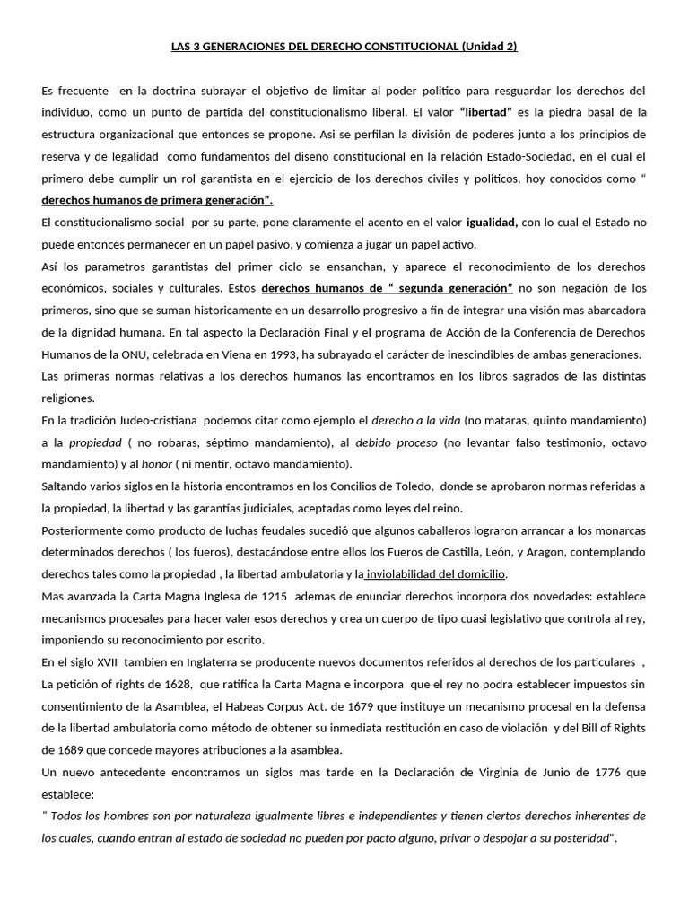 Las 4 Generaciones de Los Derechos Constitucionales (Unidad 2) | PDF
