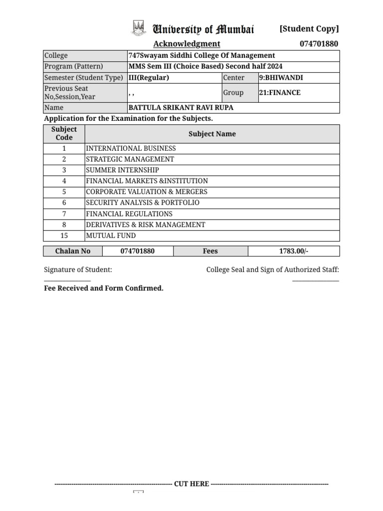MMS Sem III Exam Application Form | PDF | Financial Economics ...