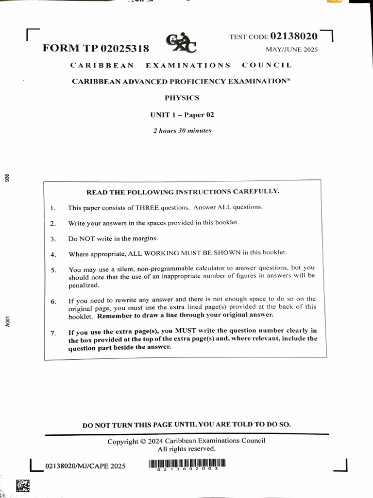 CAPE Physics Unit 1 Paper 2 2025 | PDF | Collision | Momentum