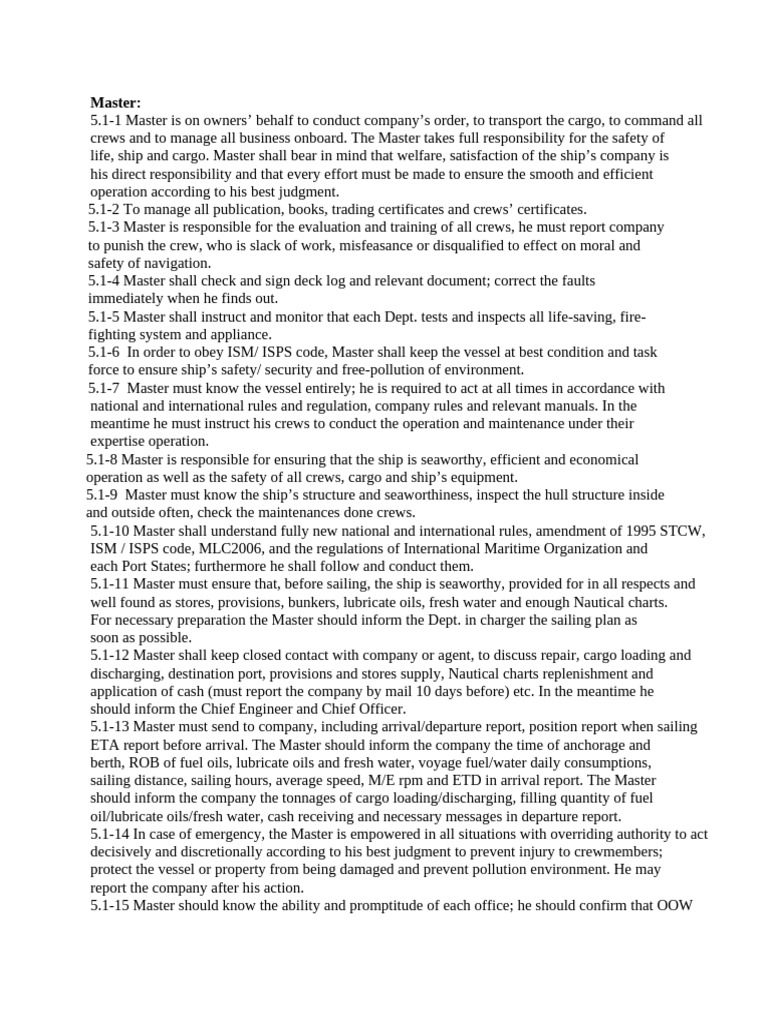 Master Responsibilities on Ship Operations | PDF | Sailor | Ships