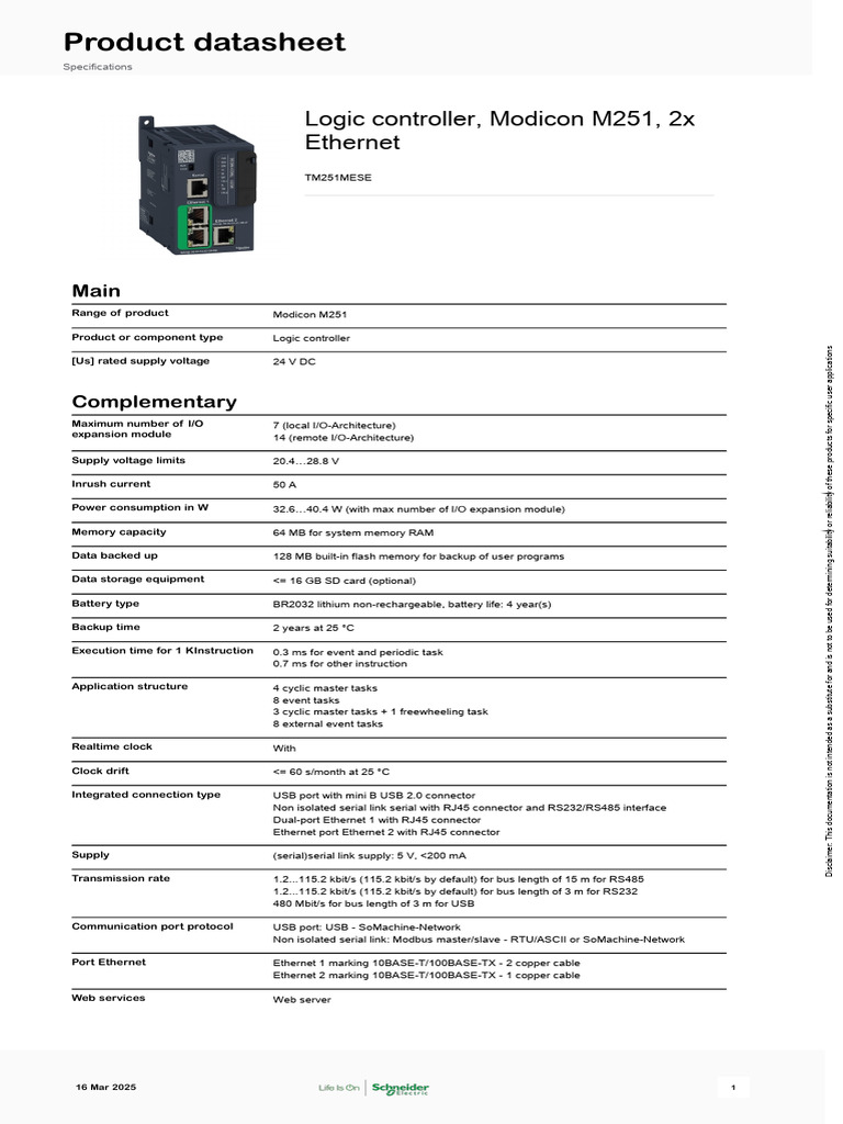 Modicon M251 Logic Controller Specs | PDF | Programmable Logic ...