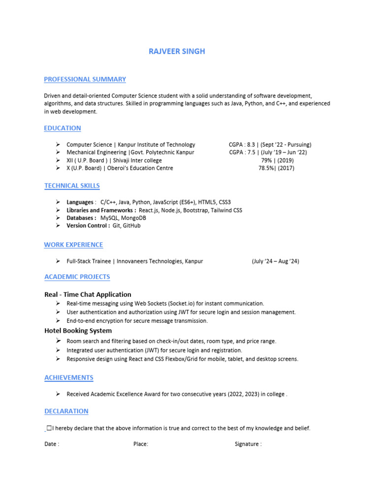 Computer Science Student Resume | PDF