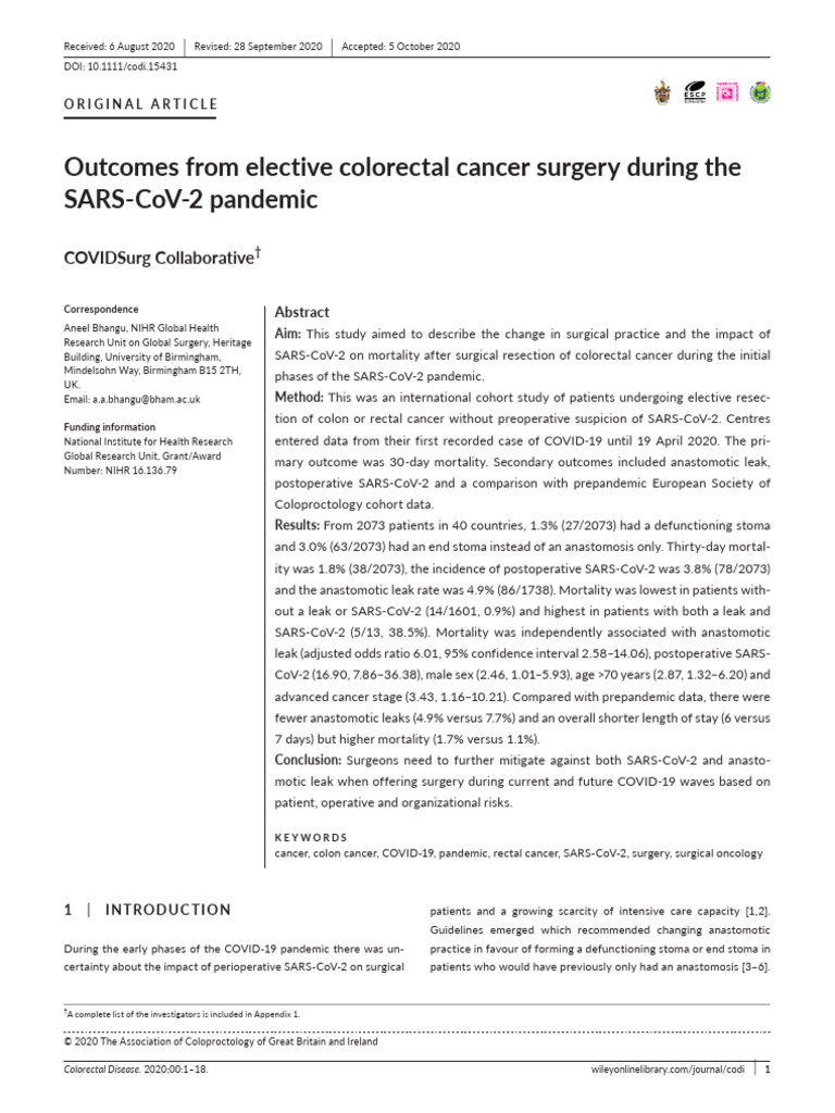 2020 Outcomes From Elective Colorectal Cancer Surgery During The SARS ...
