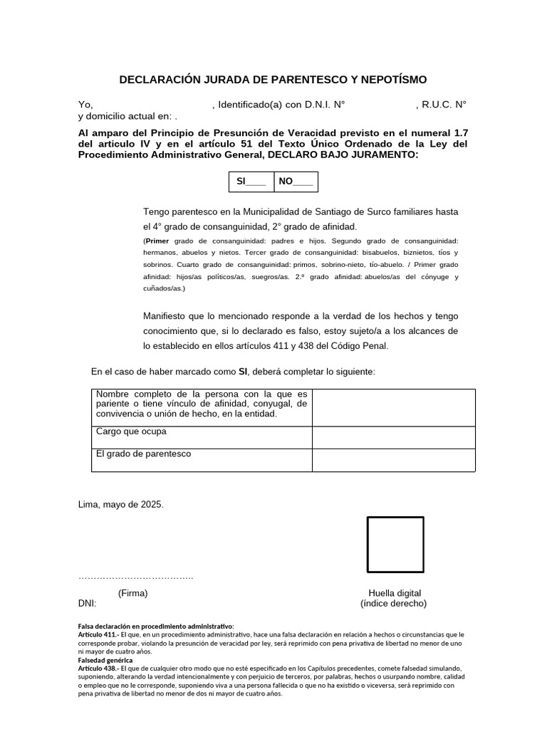 Declaración Jurada de Parentesco y Nepotísmo Editar | PDF | Parentesco ...