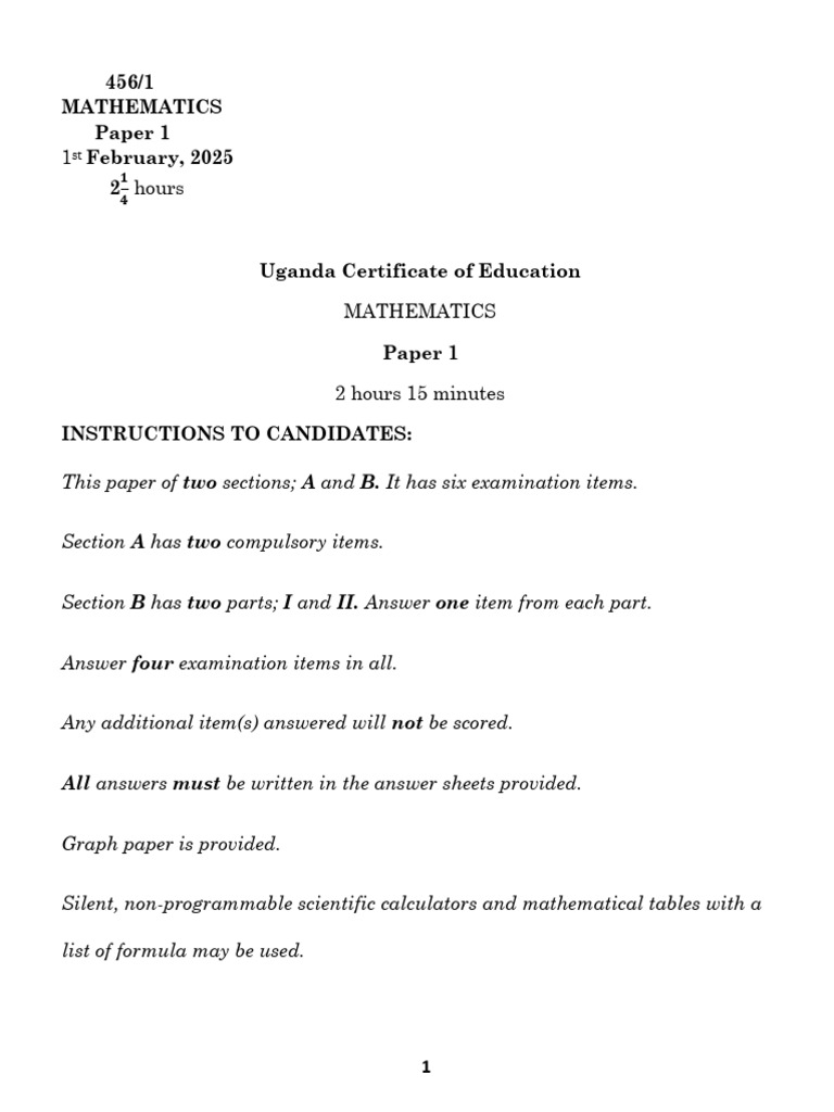 UCE Mathematics Paper 1 - February 2025 | PDF