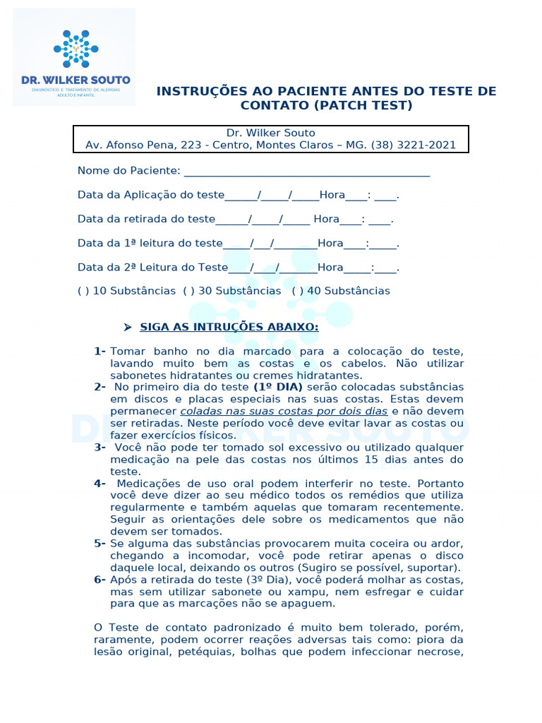 Instruções bateria de contato - Patch Test | PDF | Reações químicas ...