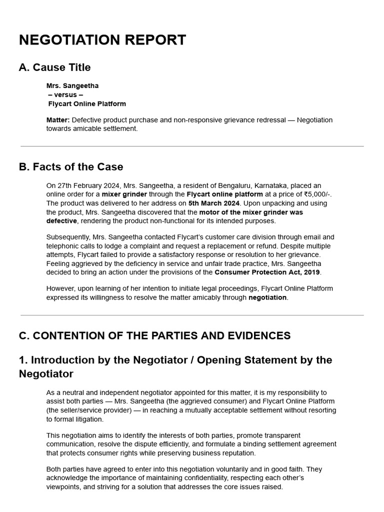 Negotiation Report: Consumer Grievance Case | PDF | Negotiation ...