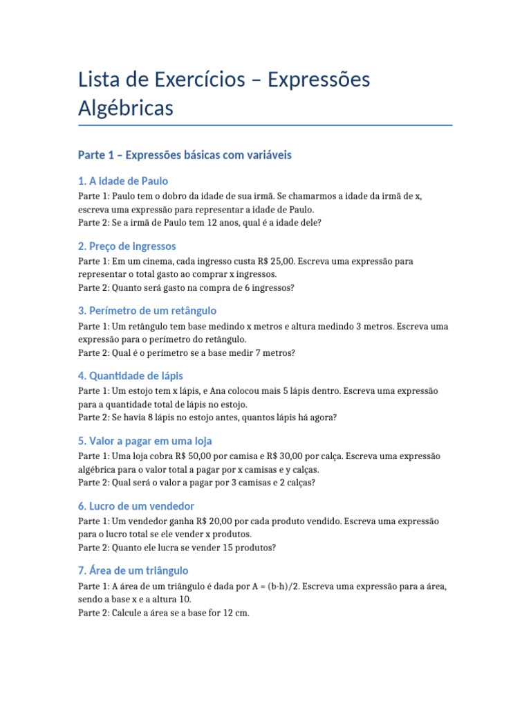 Exercícios de Expressões Algébricas | PDF
