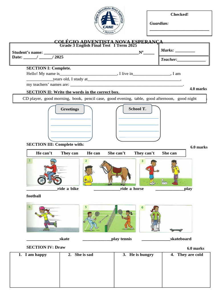 GRADE 3 AT English Final Test I Term 2025-1 | PDF