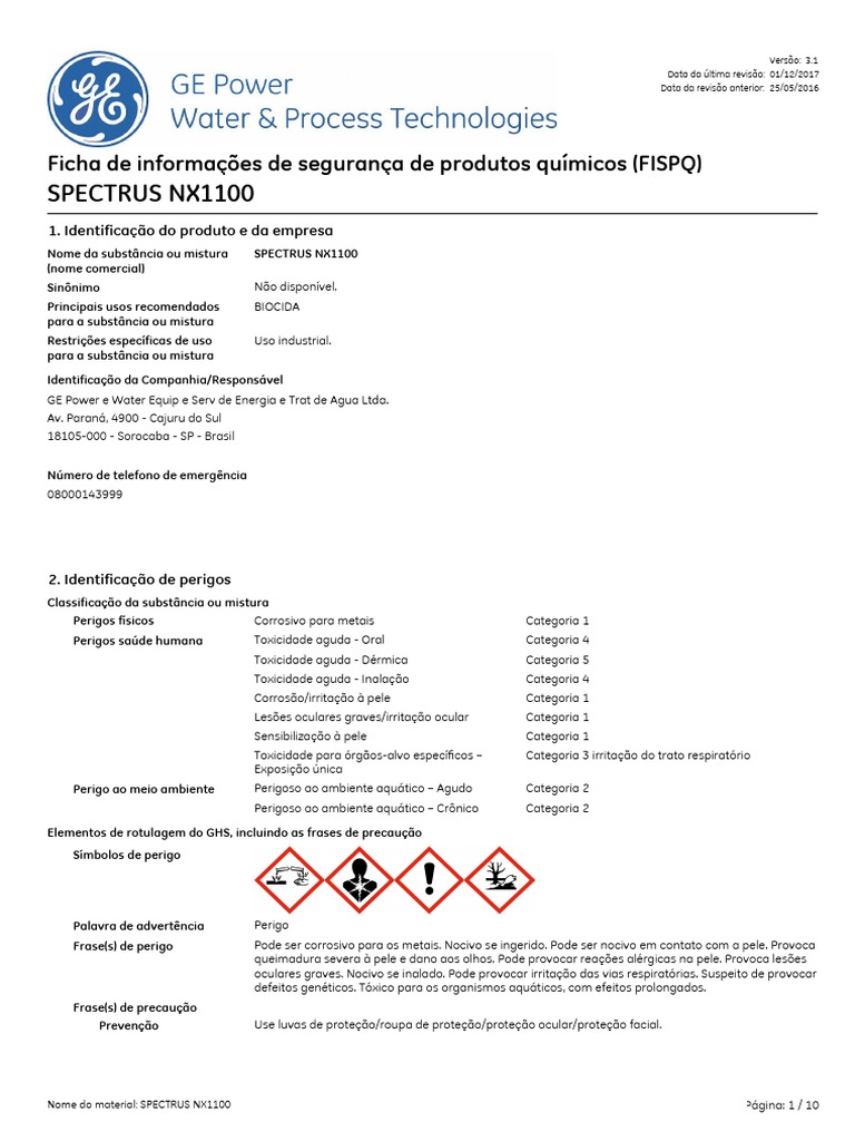 FISPQ do SPECTRUS NX1100 | PDF | Primeiros socorros | Desperdício