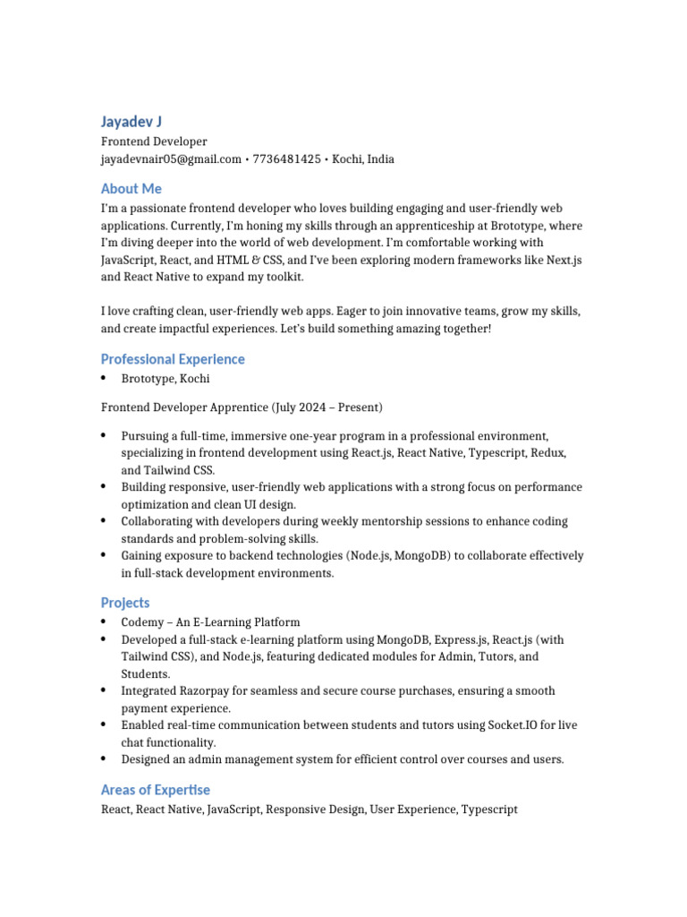 Frontend Developer Resume - Jayadev J | PDF