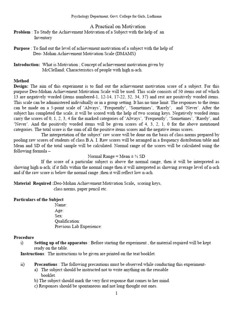 Achievement Motivation Assessment Using DMAMS | PDF | Motivation ...