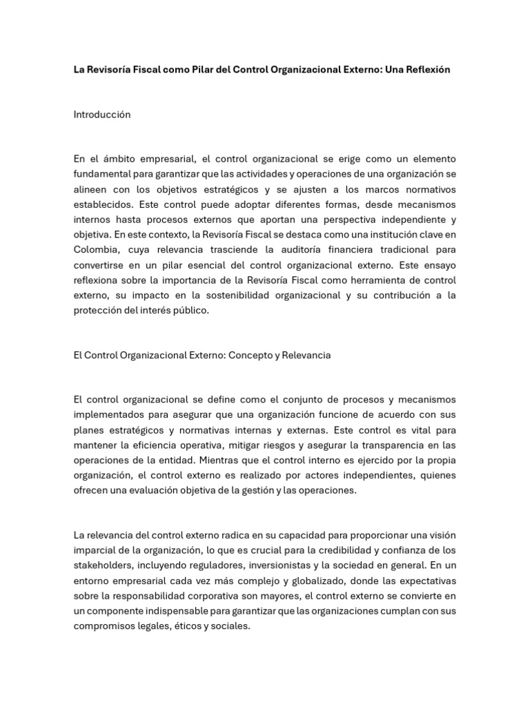 La Revisoría Fiscal Como Pilar Del Control Organizacional Externo PDF ...