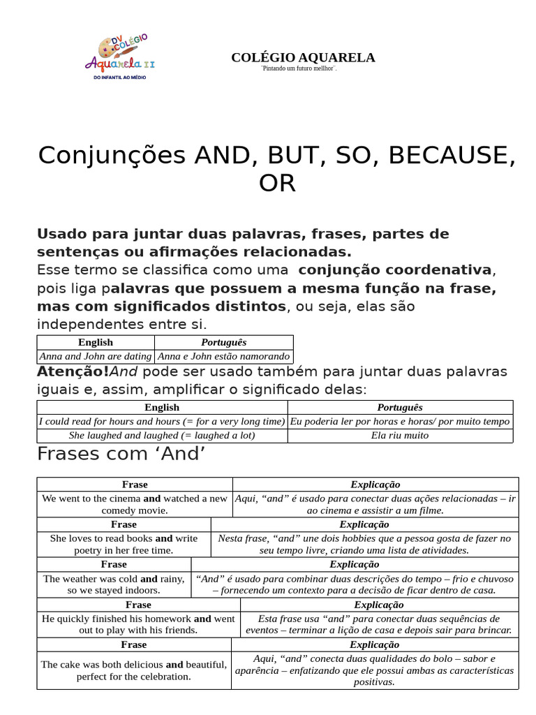 Conjunções em Inglês: And, But, So, Because | PDF