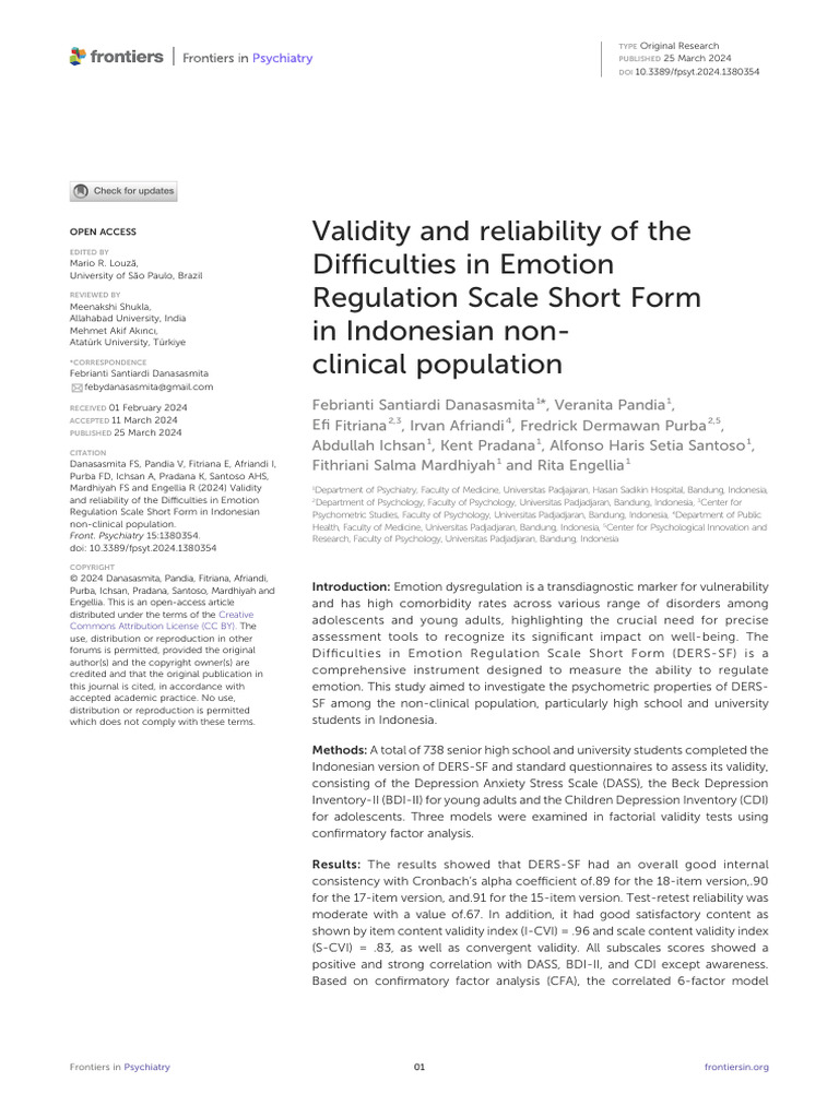 Validity of DERS-SF in Indonesian Youth | PDF | Emotional Self ...