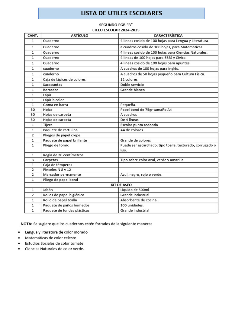 Lista de útiles 5to grado 2025 | PDF | Cuaderno | Lápiz