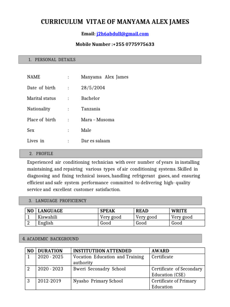 Curriculum Vitae of Manyama Alex James | PDF