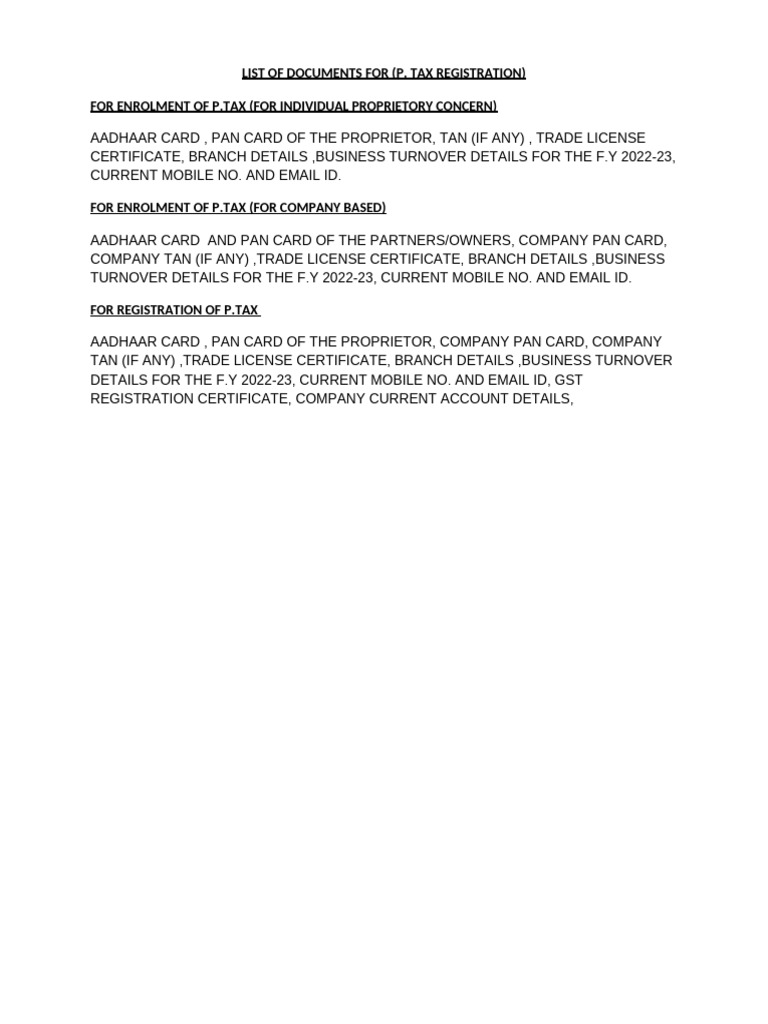 P.Tax Registration Document Checklist | PDF