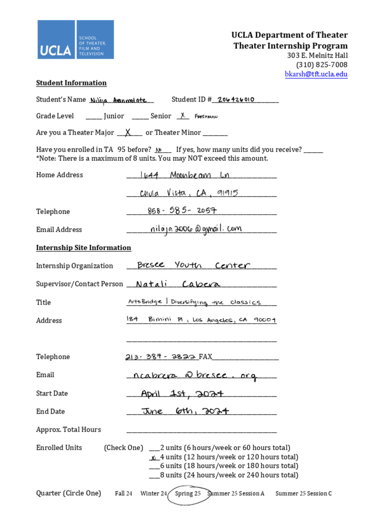 UCLA Theater Internship Program Forms PDF Legal Liability