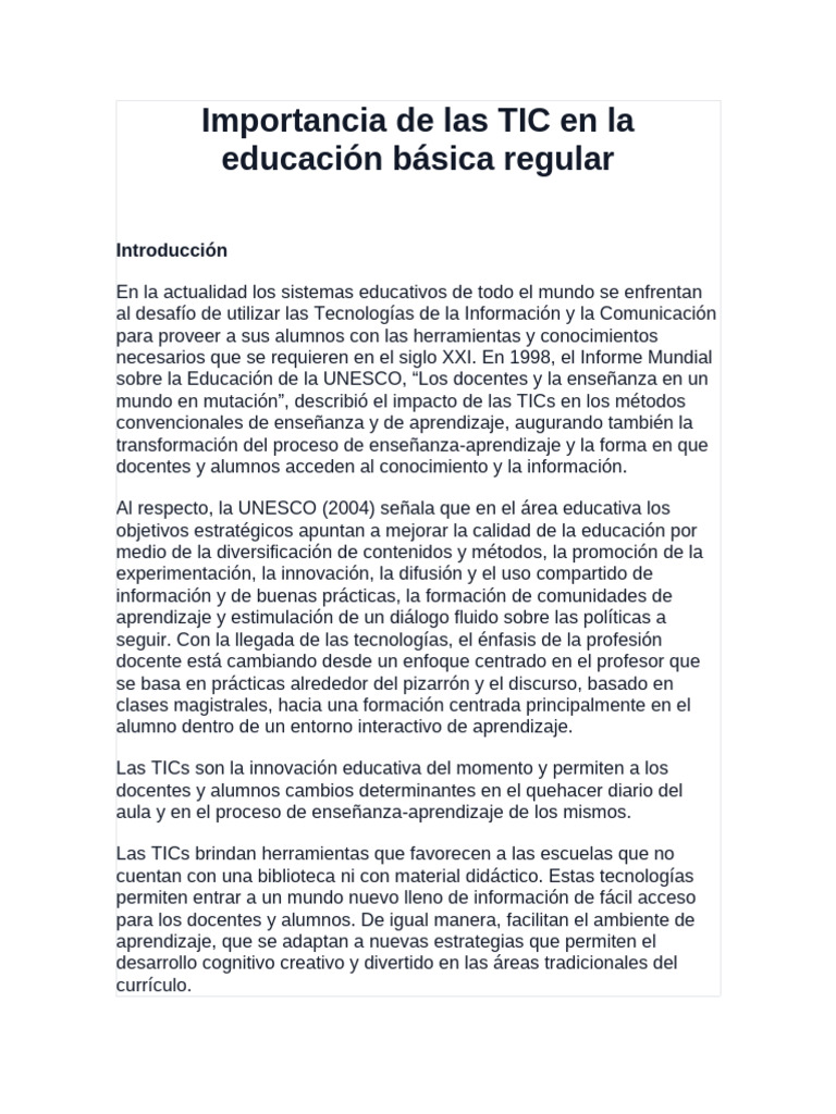 Importancia de Las TIC en La Educación Básica Regular | PDF | Enseñando ...