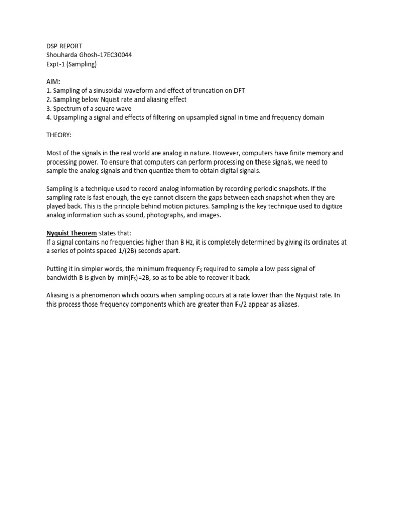 DSP Report: Sampling and Aliasing Effects | PDF | Sampling (Signal ...