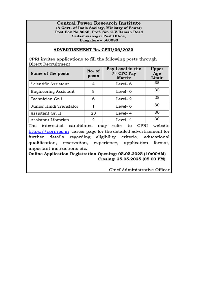 CPRI Assistant Technician and Other Short Notice 2025 | PDF