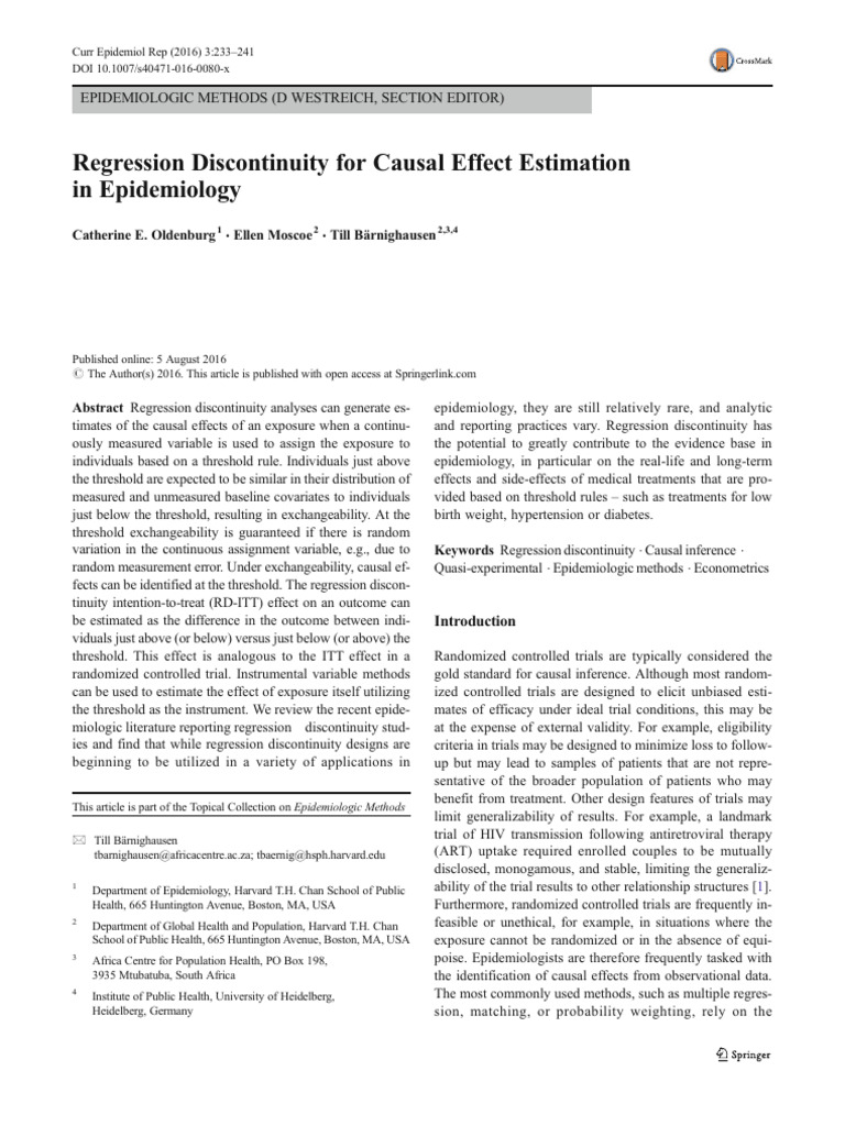 Regression Discontinuity For Causal Effect Estimation in Epidemiology ...