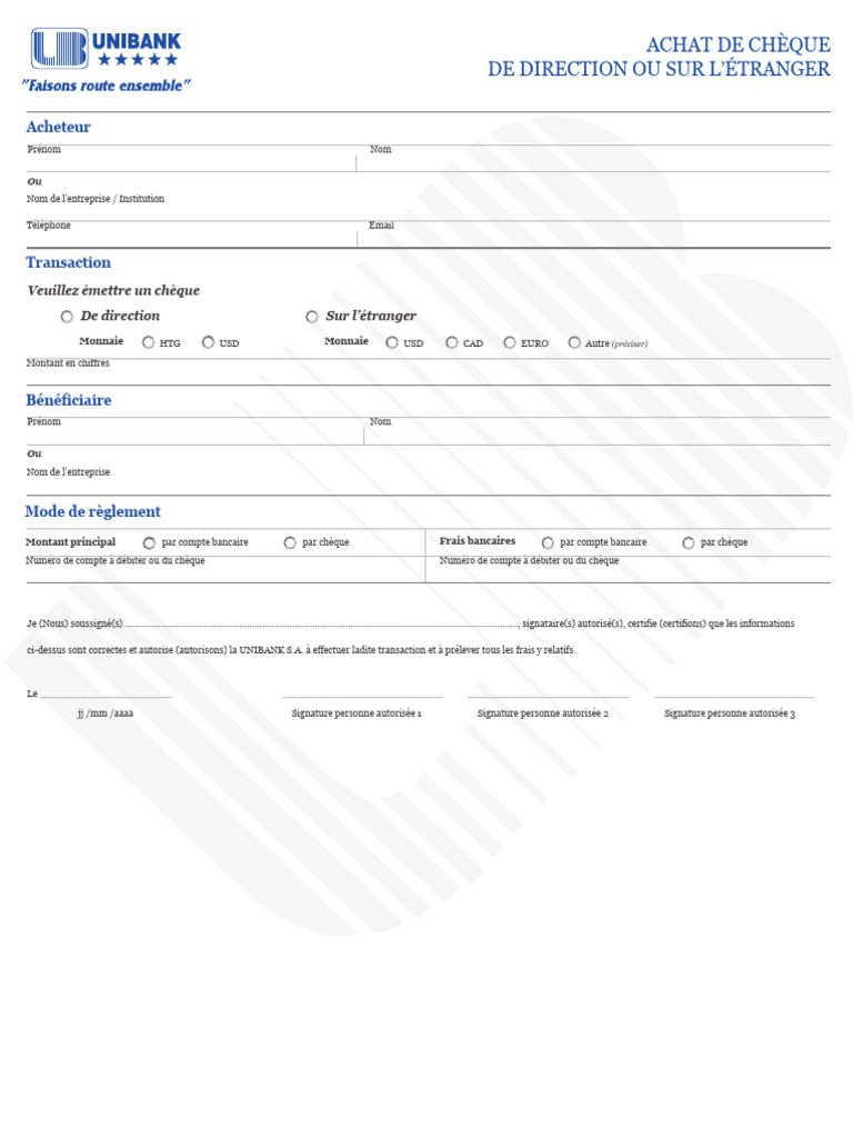 Chèque de Direction Unibank | PDF