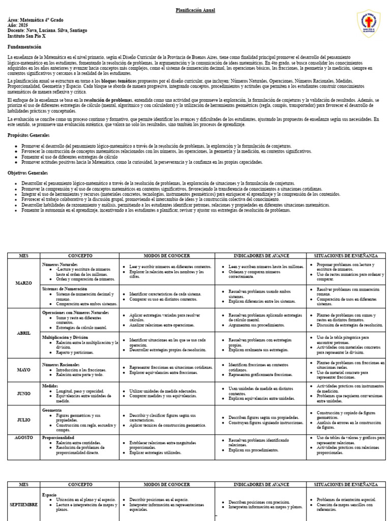 Planificación Matemática 4° Grado 2025 | PDF | Evaluación | Geometría