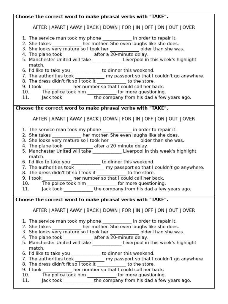 Phrasal Verbs with "Take" Exercises | PDF | Semantic Units | Linguistic ...