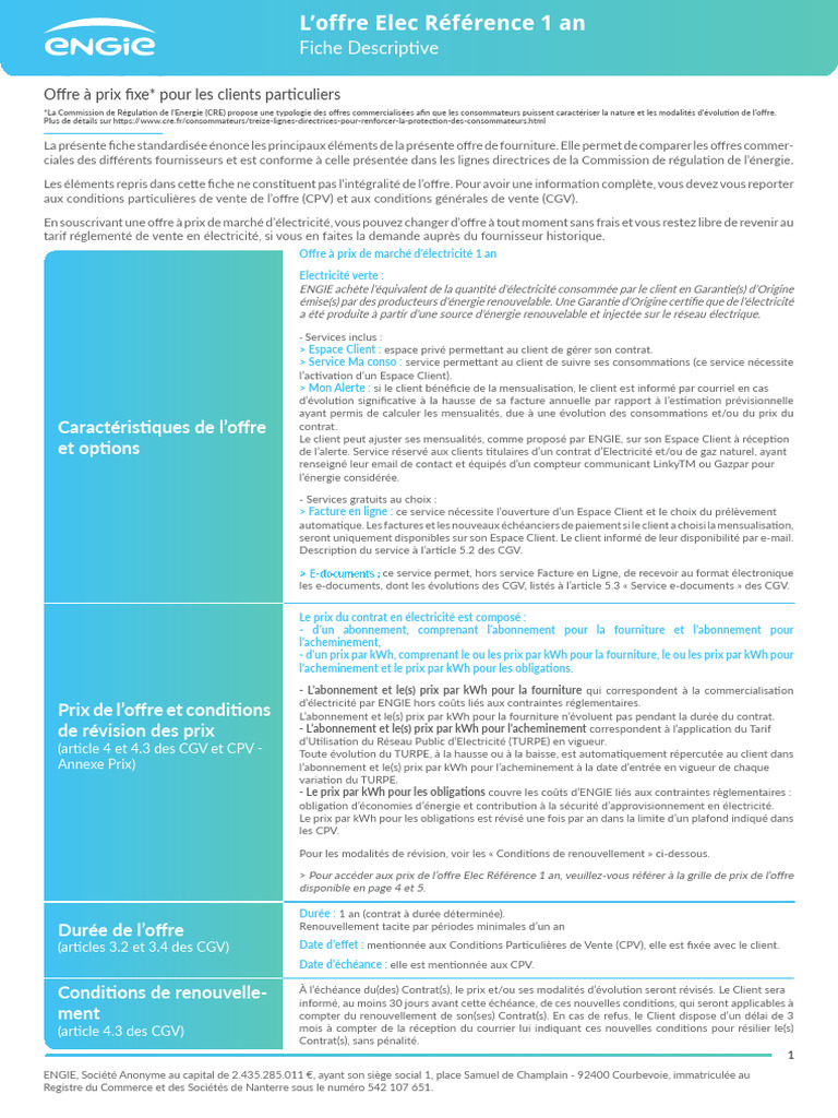Offre Elec Référence 1 an d'ENGIE PDF Facture Taxe sur la valeur — free download