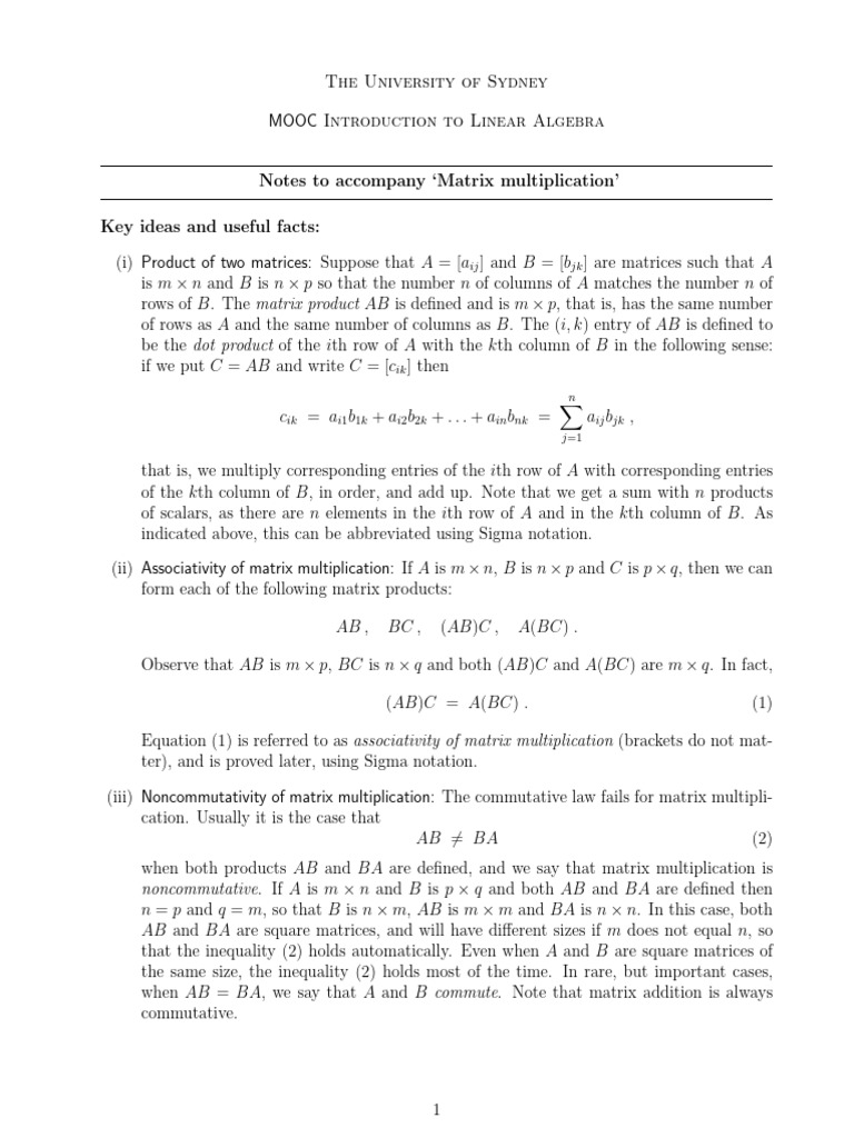 Matrix Multiplication in Linear Algebra | PDF | Matrix (Mathematics ...