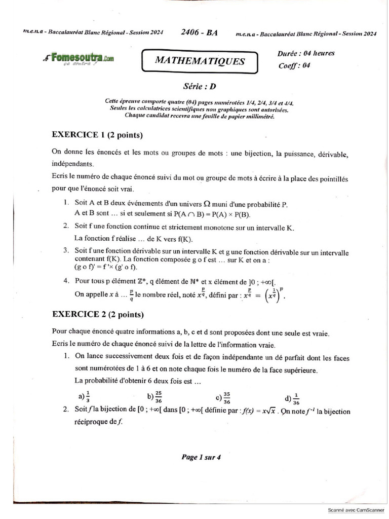 Sujet Maths Serie d Bac Blanc Régional Mars 2024 Mena by Tehua | PDF