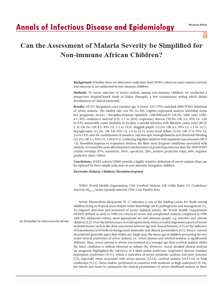 Can The Assessment of Malaria Severity Be Simplified For Non Immune ...