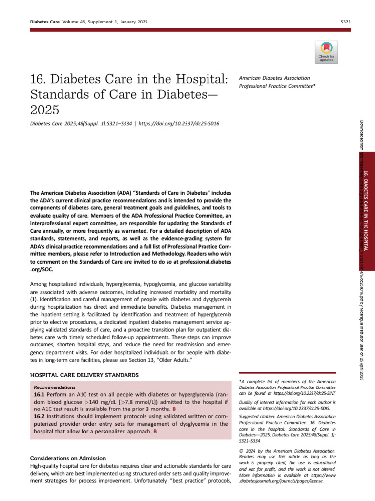 Diabetes Care in The Hospital: Standards of Care in Diabetes 2025 | PDF ...