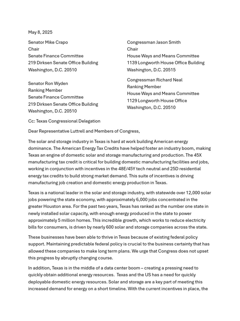 Texas Company Letter To Congress - 5.8.2025 | PDF | Texas | United ...