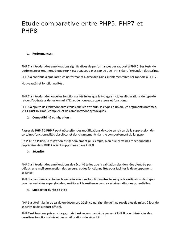 Comparaison PHP5, PHP7 et PHP8 | PDF