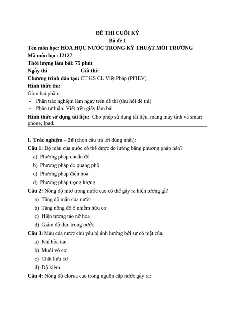 Đề thi Hóa Kỹ thuật Môi trường - đề 2 | PDF
