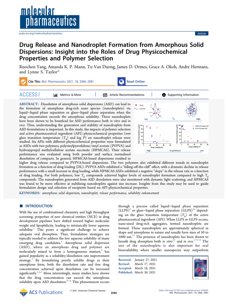 Drug Release and Nanodroplet Formation from Amorphous Solid Dispersions ...