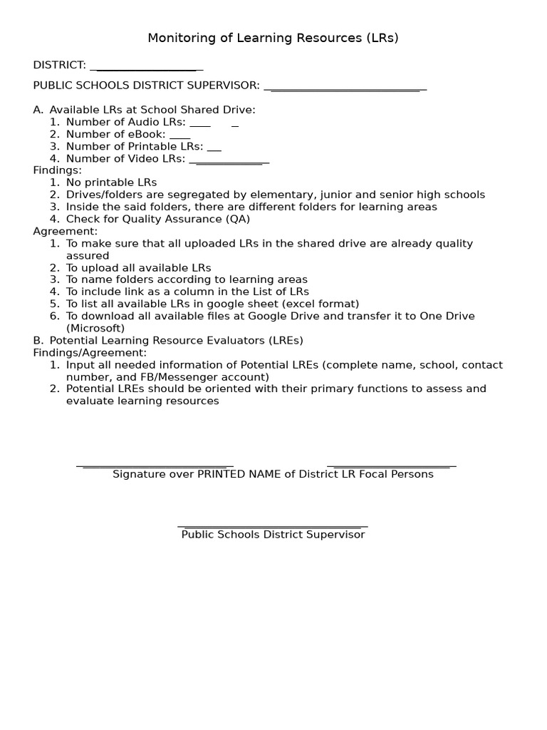 Learning Resources Monitoring Checklist | PDF | Computing