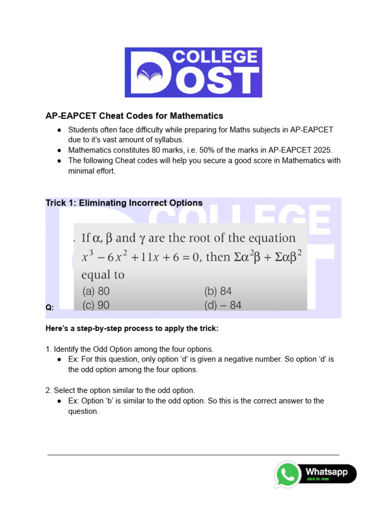 AP-EAPCET 2025 Maths Cheat Codes | PDF | Exponentiation | Equations